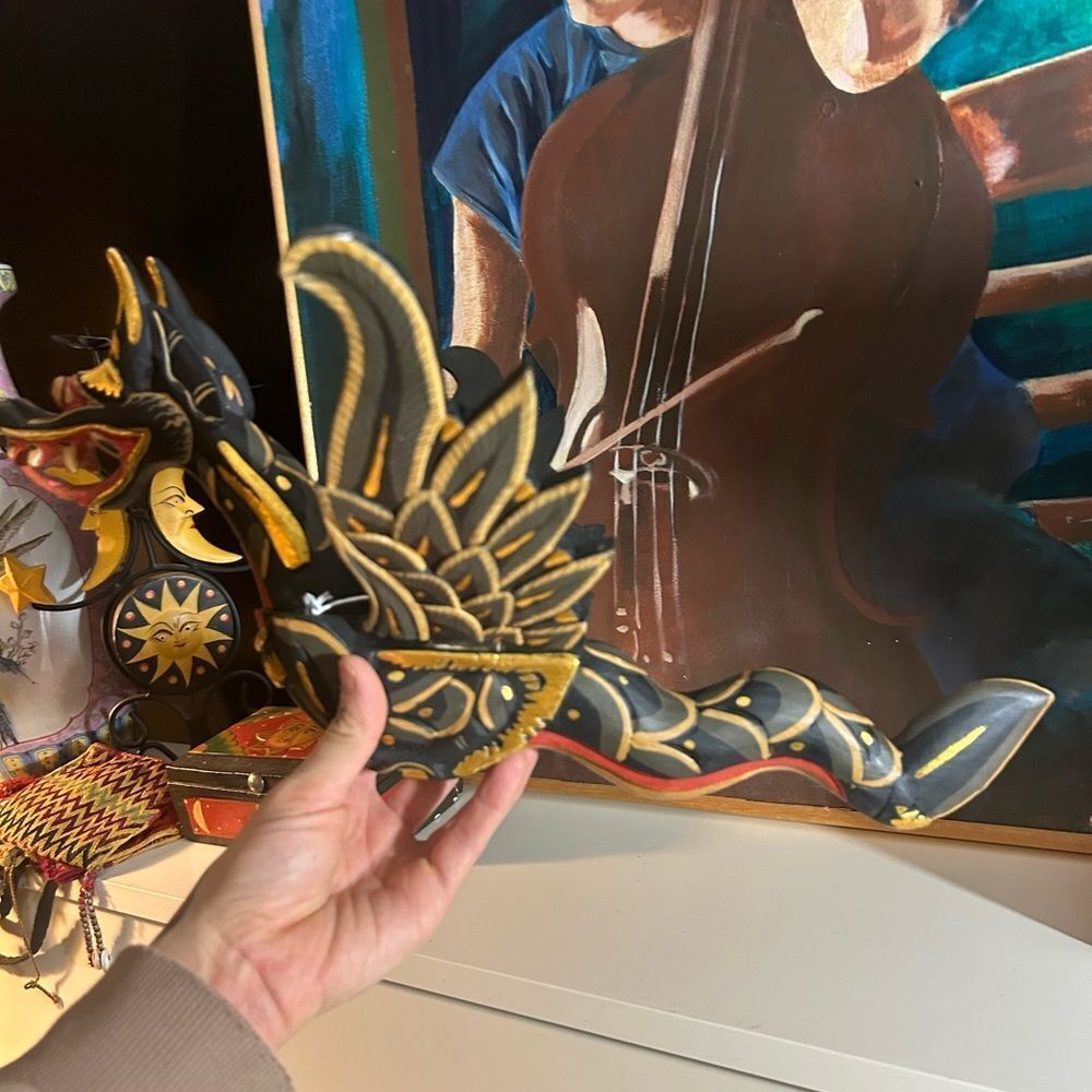 Vtg 90s Dragon Naga Flying Hanging 17" Green/Gold Handmade Wooden Bali Folkart - Picture 6 of 16